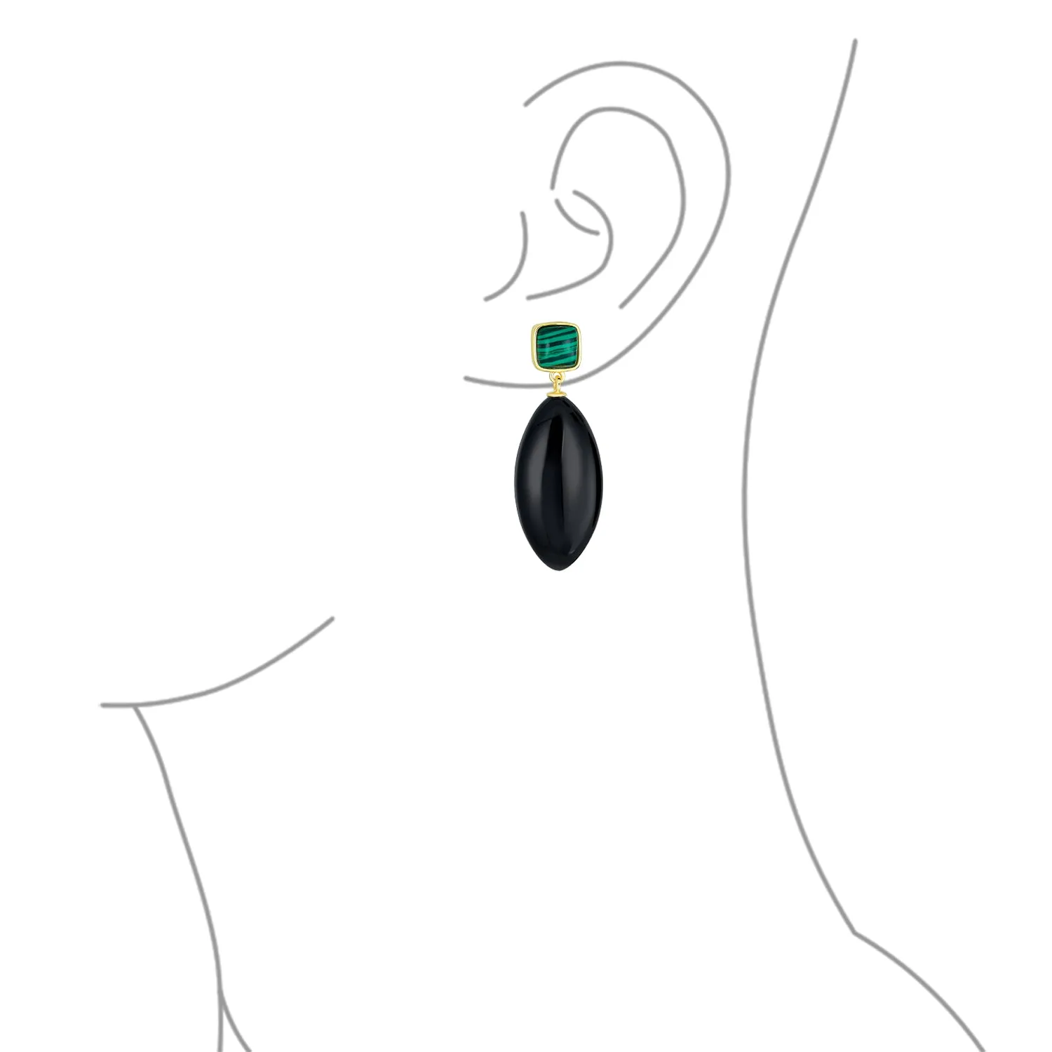 Unique Geometric Dangle Gemstone Earrings with Malachite & Onyx in Gold Plated