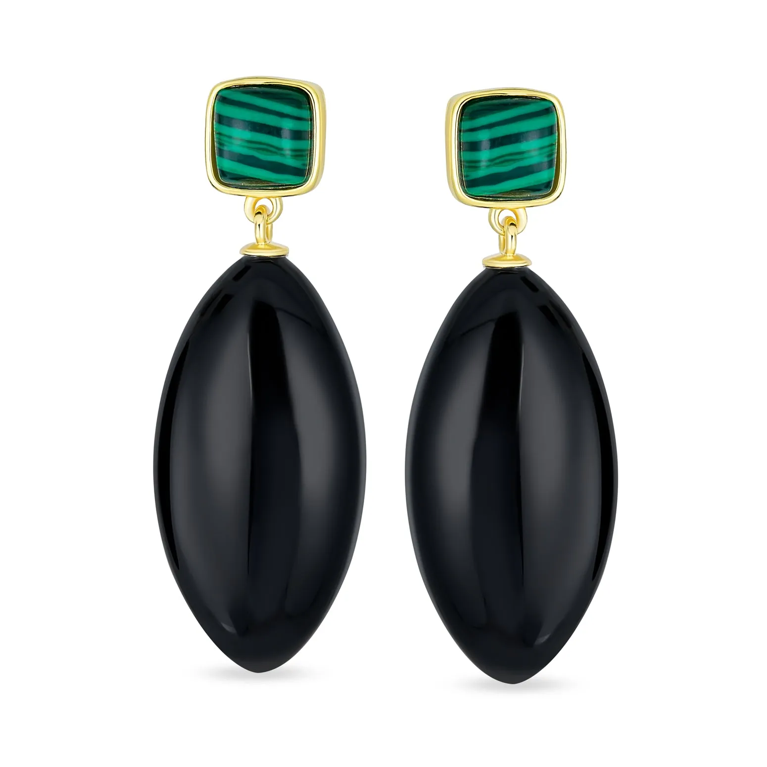 Unique Geometric Dangle Gemstone Earrings with Malachite & Onyx in Gold Plated