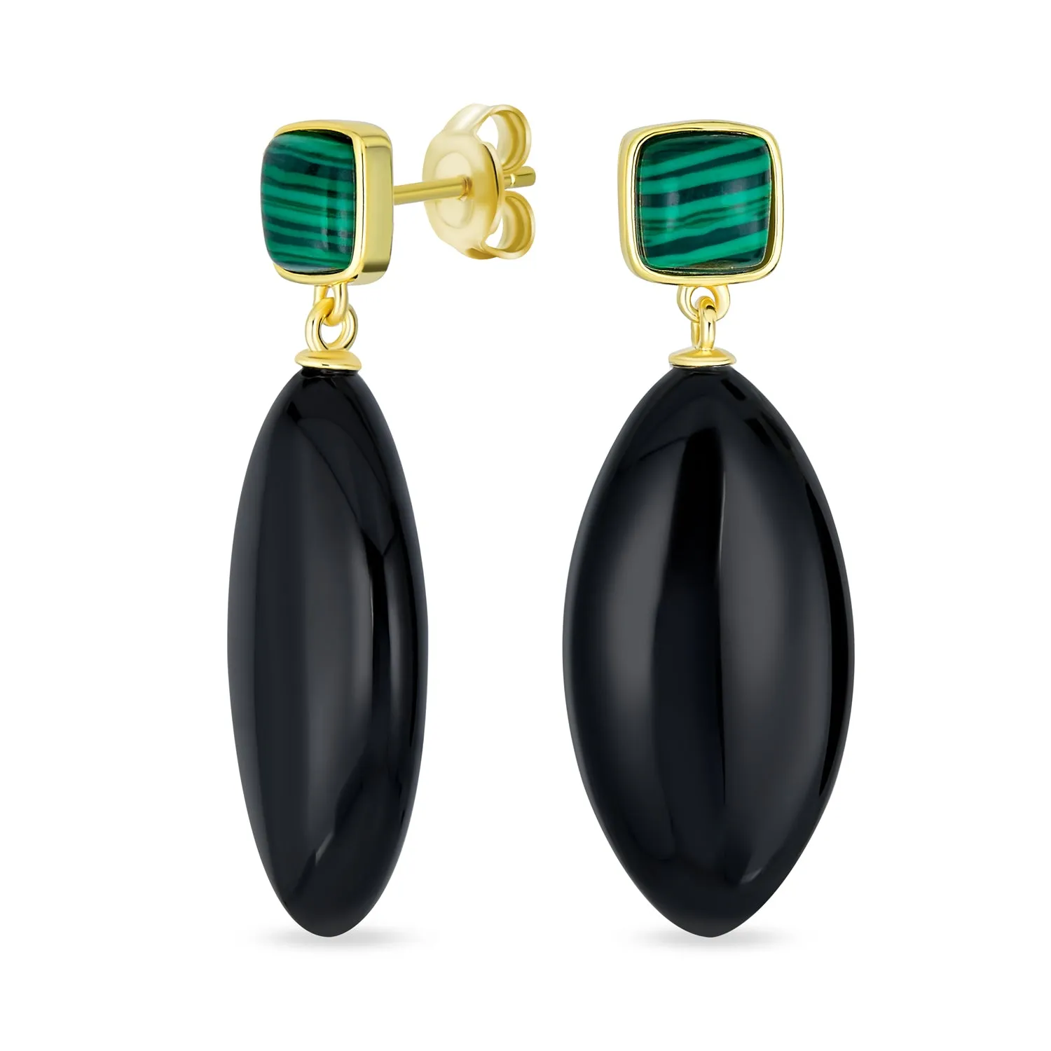 Unique Geometric Dangle Gemstone Earrings with Malachite & Onyx in Gold Plated