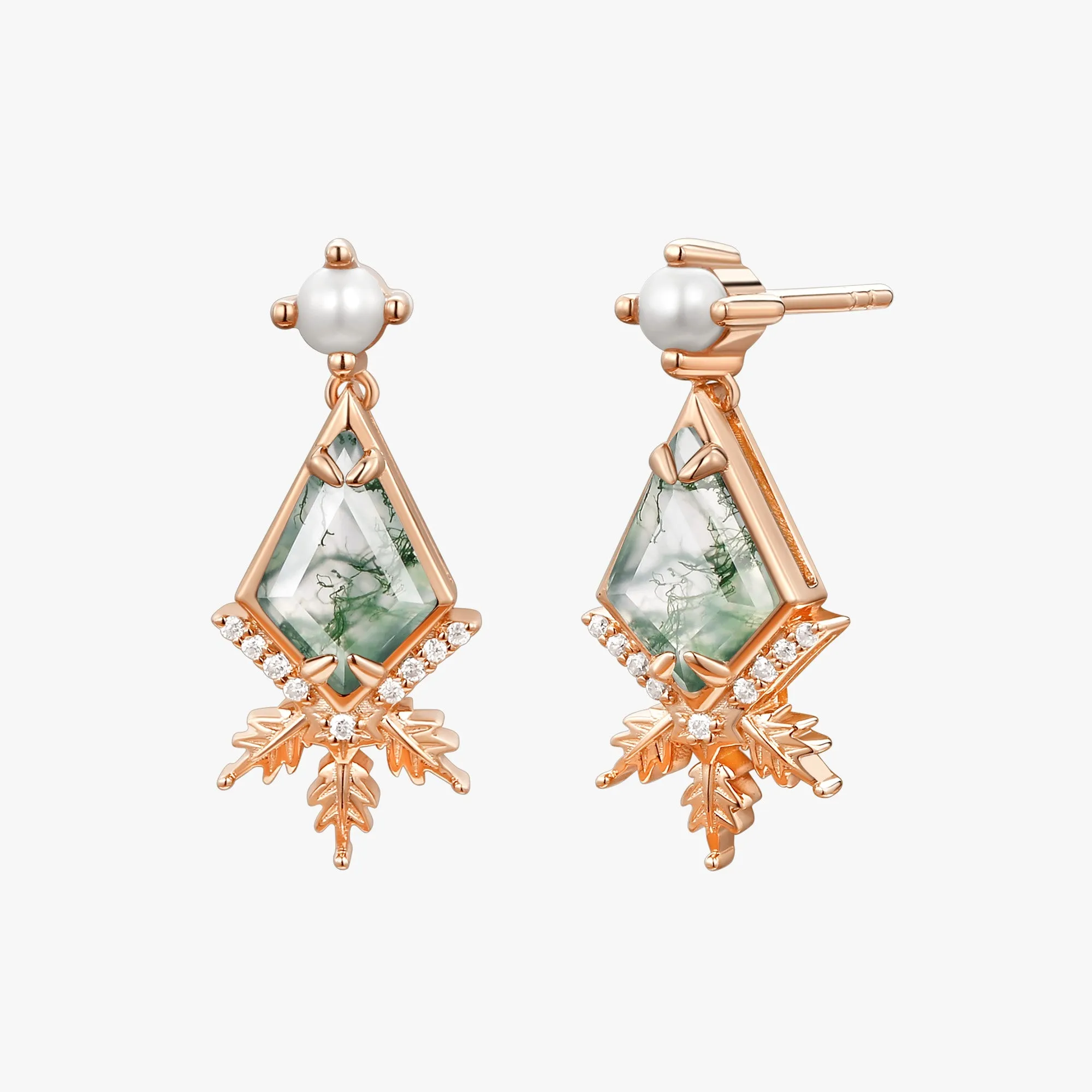 Unique Kite Cut Moss Agate & Akoya Pearl Yellow Gold Earrings