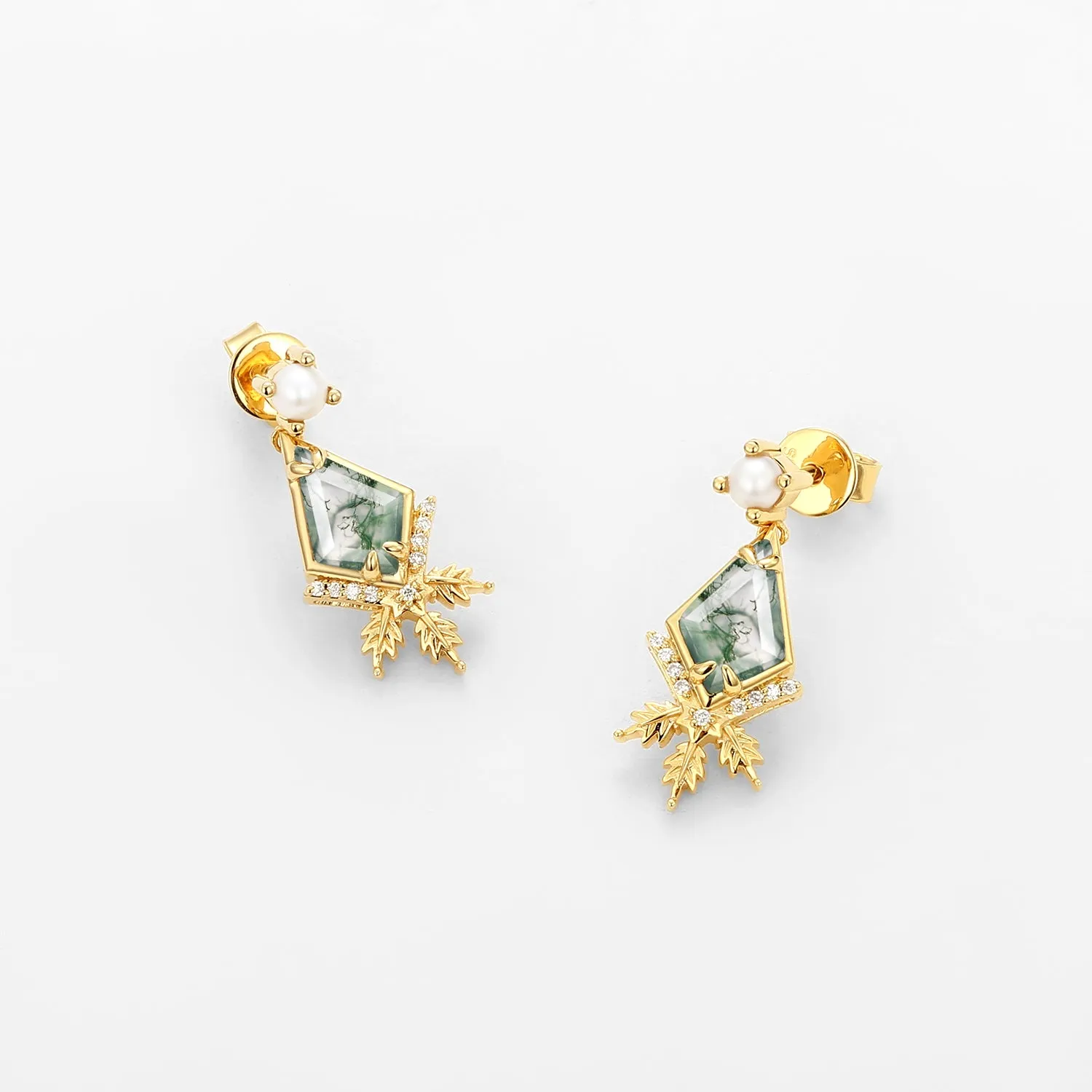 Unique Kite Cut Moss Agate & Akoya Pearl Yellow Gold Earrings