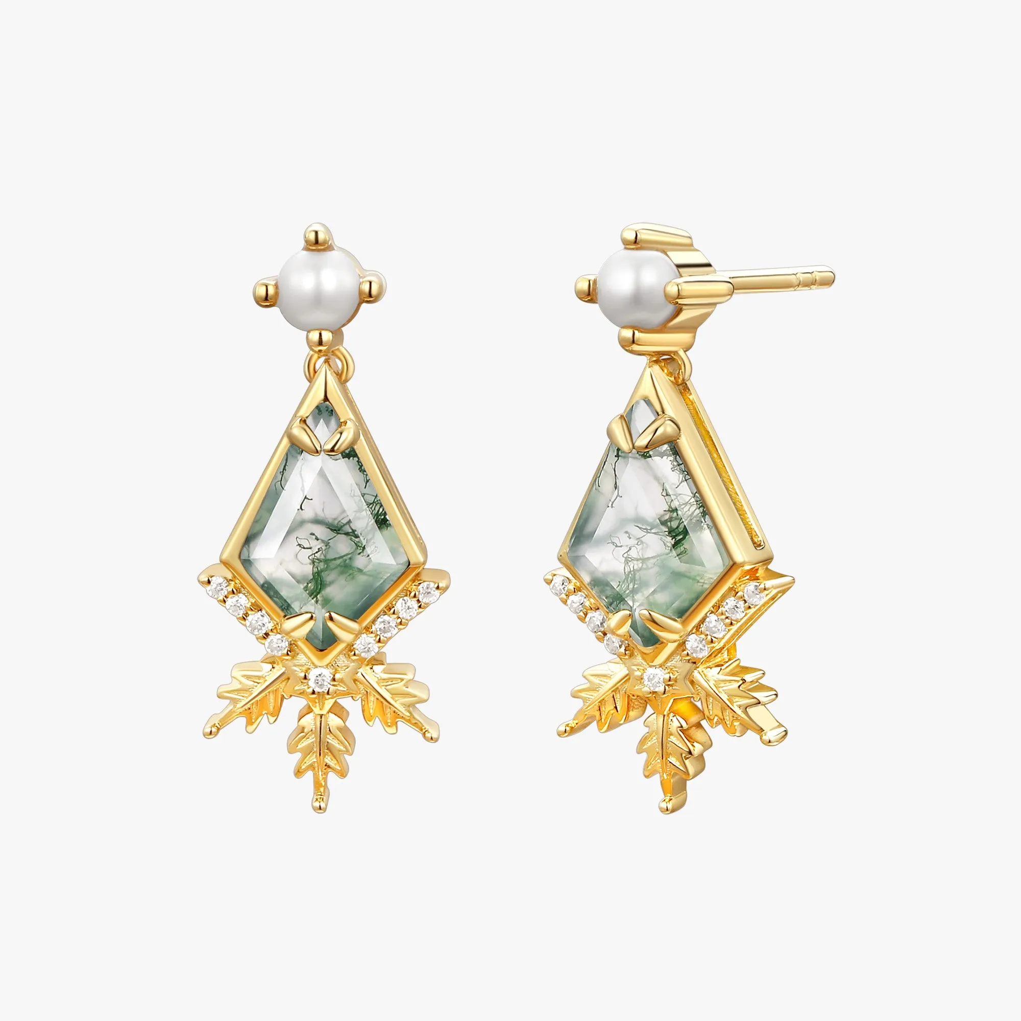 Unique Kite Cut Moss Agate & Akoya Pearl Yellow Gold Earrings