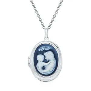 Vintage Victorian Locket Necklace Black Blue White Cameo Mother Child Pendant