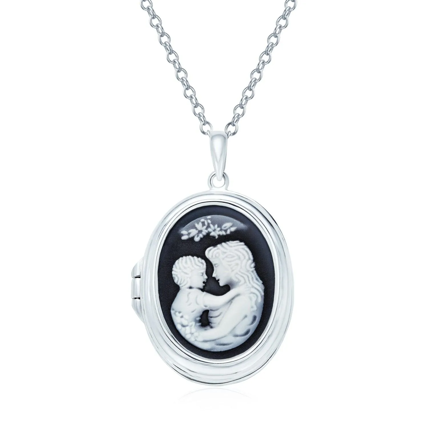 Vintage Victorian Locket Necklace Black Blue White Cameo Mother Child Pendant