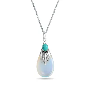 Western Jewelry Tribal Blue Turquoise Opalite Teardrop Pendant Necklace Silver