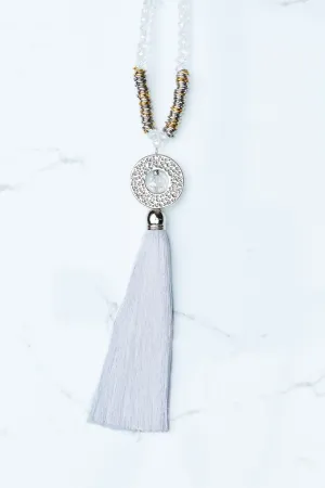 White Circle Pendant Tassel Necklace