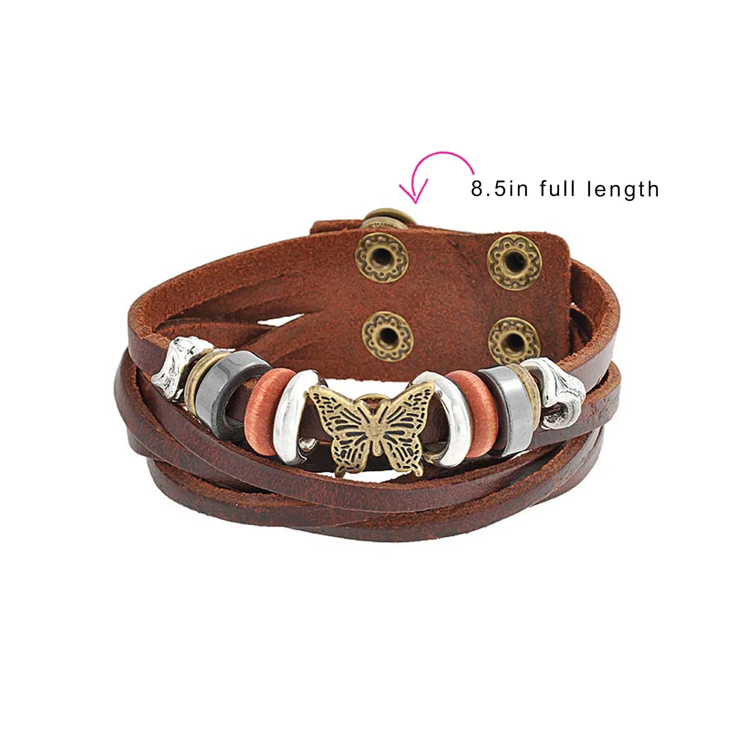 Wide Butterfly Charm Brown Multi Strand Wrap Bracelet with Gold Tone Snaps