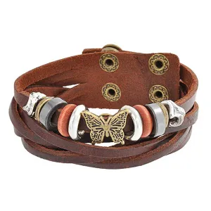 Wide Butterfly Charm Brown Multi Strand Wrap Bracelet with Gold Tone Snaps