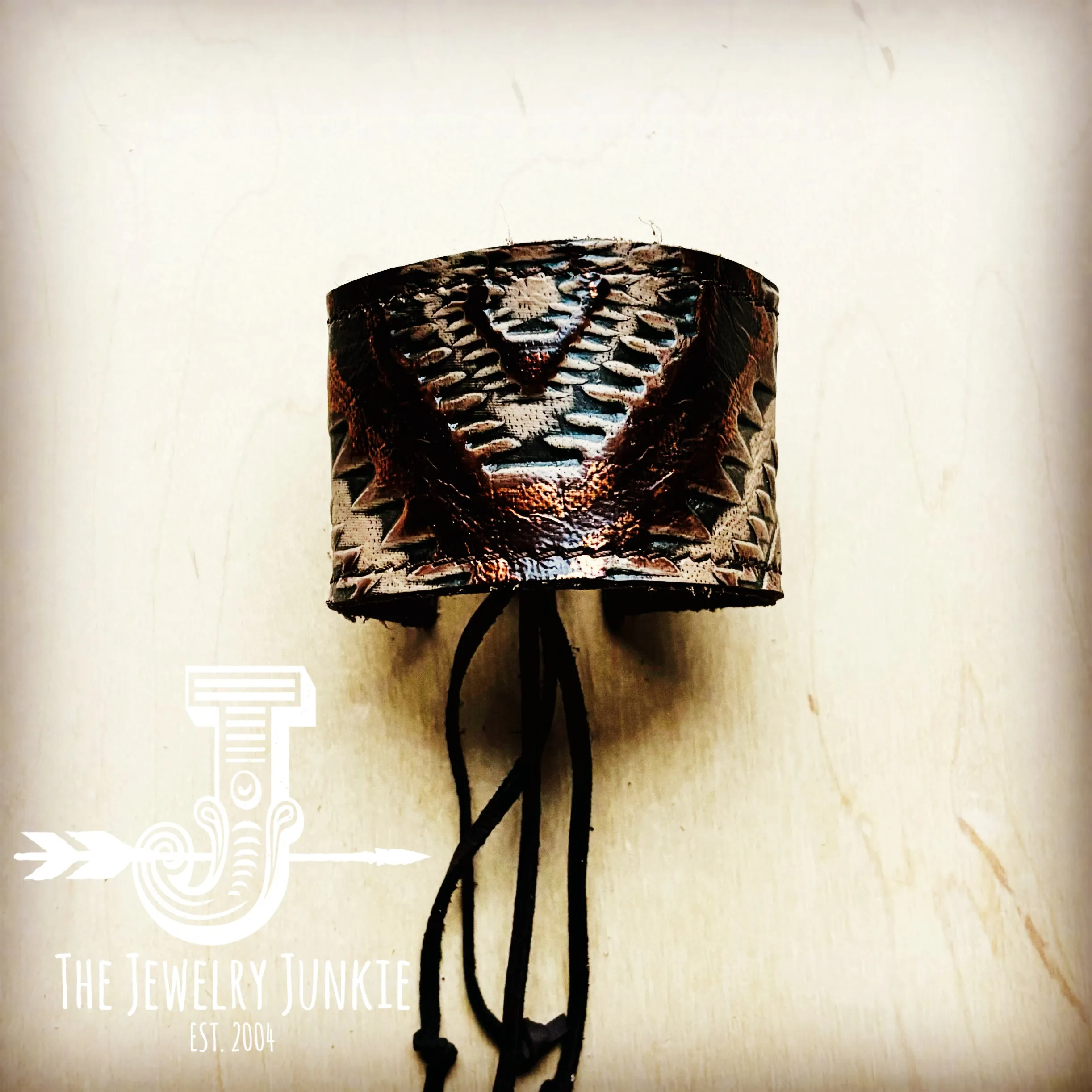 **Wide Leather Cuff w/ Adjustable Tie-Copper Aztec 007b