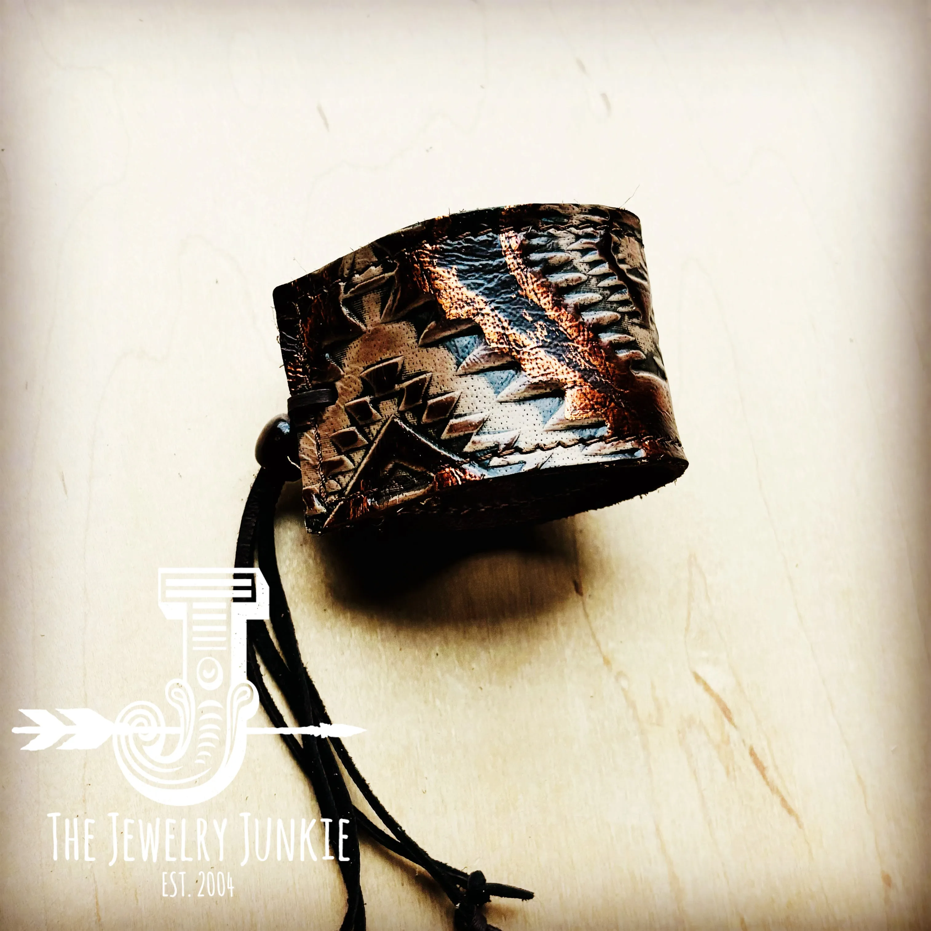 **Wide Leather Cuff w/ Adjustable Tie-Copper Aztec 007b