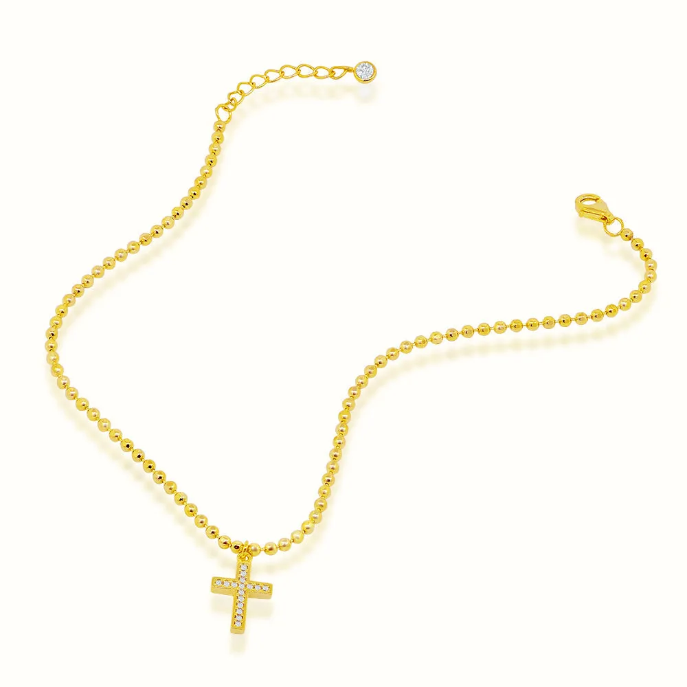 Women's Vermeil Beaded Diamond Cross Anklet